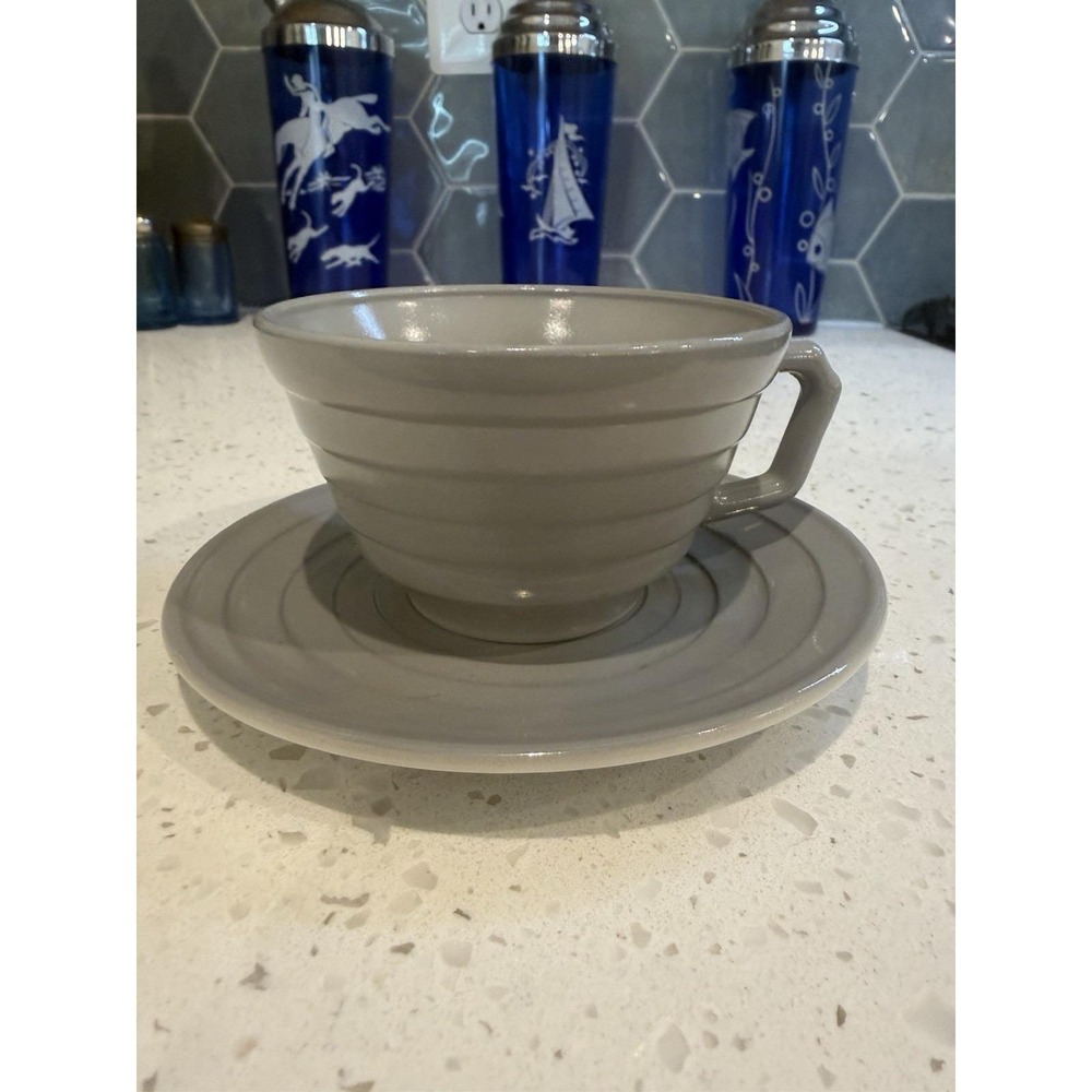 Hazel Atlas Moderntone  Gray Grey Cup & Saucer Mid Century Modern Art Deco Glass